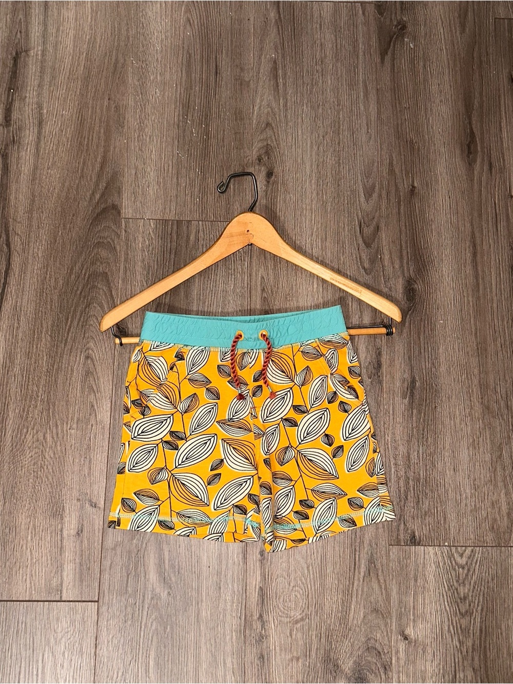 Matilda Jane Yellow Leaf-Print Athletic Shorts with Teal Waistband